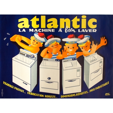 Vintage advertising poster - André Roland - 1950 - Atlantic machine à bien laver - 60.6 by 44.9 inches