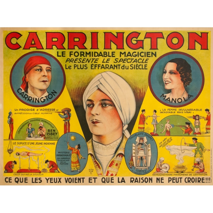 Affiche ancienne d'exposition - Harford - 1910 - Carrington Le Formidable Magicien - 159 par 116 cm