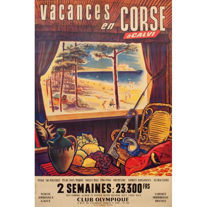 Affiche ancienne de voyage - 1960 - Les Vacances En Corse À Calvi - 151 par 99.5 cm