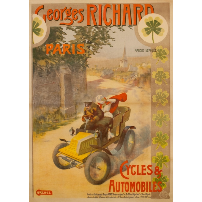 Affiche ancienne de publicité - H.Bèhel - 1910 - Cycles Et Automobiles Georges Richard - 144 par 97 cm