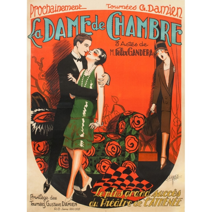 Affiche ancienne d'exposition - Cléris Frères - 1920 - Théâtre De L'Athénée - La Dame De Chambre - 154 par 113 cm