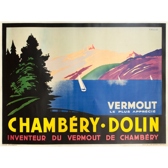Vintage advertising poster - Cello - Circa 1930 - Chambérry Dolin Inventeur Du Vermout - 63 by 47.4 inches