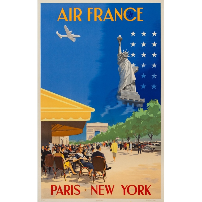 Affiche ancienne de voyage - Vincent Guerra - 1951 - Air France Paris New-York - 100 par 60 cm