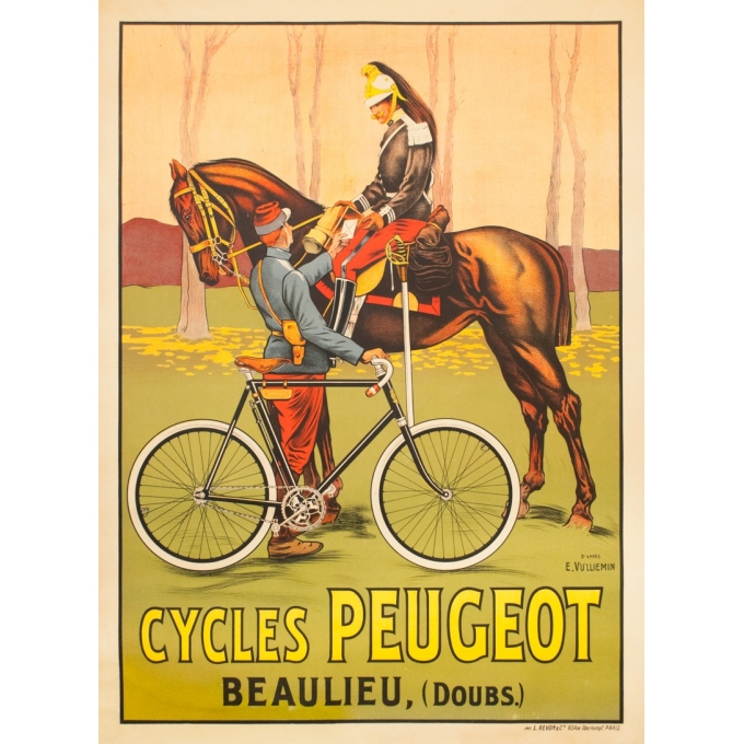 Affiche ancienne de publicité - E. Vulliemin - 1908 - Cycles Peugeot Cheval - 156 par 114.5 cm