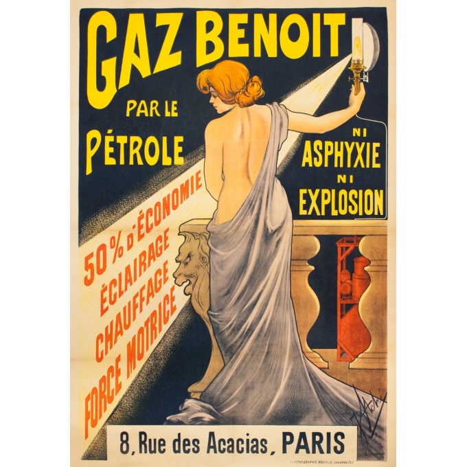 Affiche ancienne de publicité - Jeanne Atché - 1900 - Gaz Benoit Par Le Pétrole - 158 par 111 cm