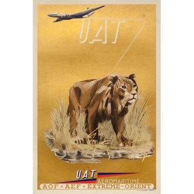 Vintage travel poster - Toni Mella - 1960 - Aeromaritime UAT Lion - 22.6 by 15 inches
