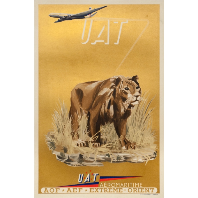 Affiche ancienne de voyage - Toni Mella - 1960 - Aeromaritime UAT Lion - 57.5 par 38 cm