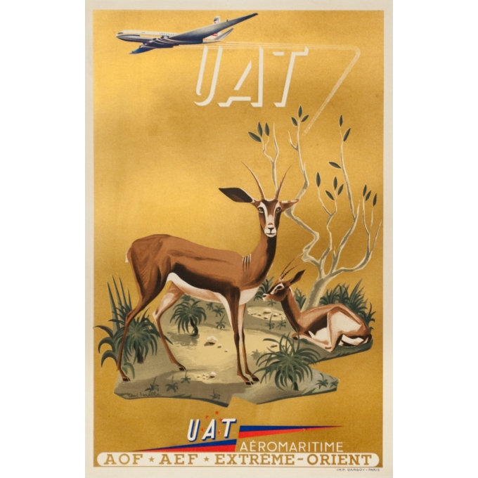 Affiche ancienne de voyage - Toni Mella - 1960 - Aeromaritime UAT Antilope - 57.5 par 38 cm