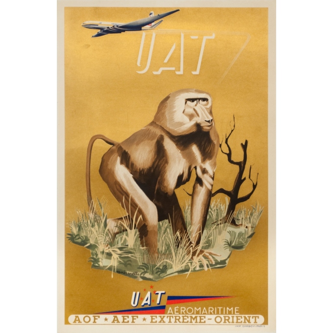 Affiche ancienne de voyage - Toni Mella - 1960 - Aeromaritime UAT Babouin - 57.5 par 38 cm