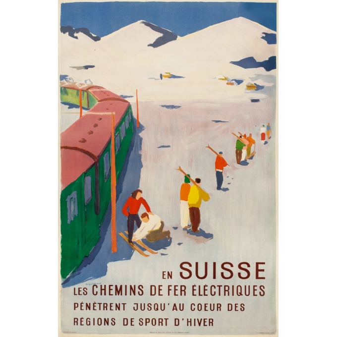 Vintage travel poster - Hans Jegerlehmen - 1950 - En Suisse - chemins de fer électriques - 39 by 25.4 inches