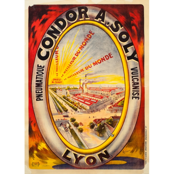 Affiche ancienne de publicité - Tamagno - Circa 1910 - Pneumatique Condor A.Soly Vulcanisé - Lyon - 158 par 117 cm