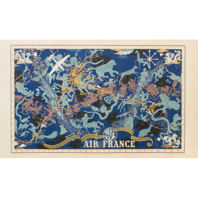 Affiche ancienne de voyage - Lucien Boucher - 1938 - Planisphère Air France "Nova Et Vetera" - 101 par 61 cm