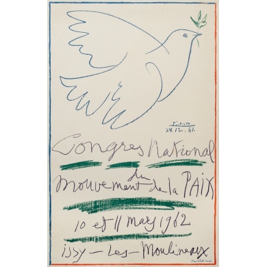 Affiche ancienne d'exposition - Picasso - 1962 - Congrès National Du Mouvement De La Paix Issy Les Moulinaux - 100 par 64.5 cm