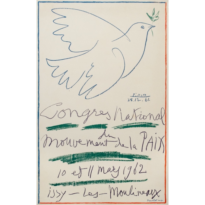 Affiche ancienne d'exposition - Picasso - 1962 - Congrès National Du Mouvement De La Paix Issy Les Moulinaux - 100 par 64.5 cm