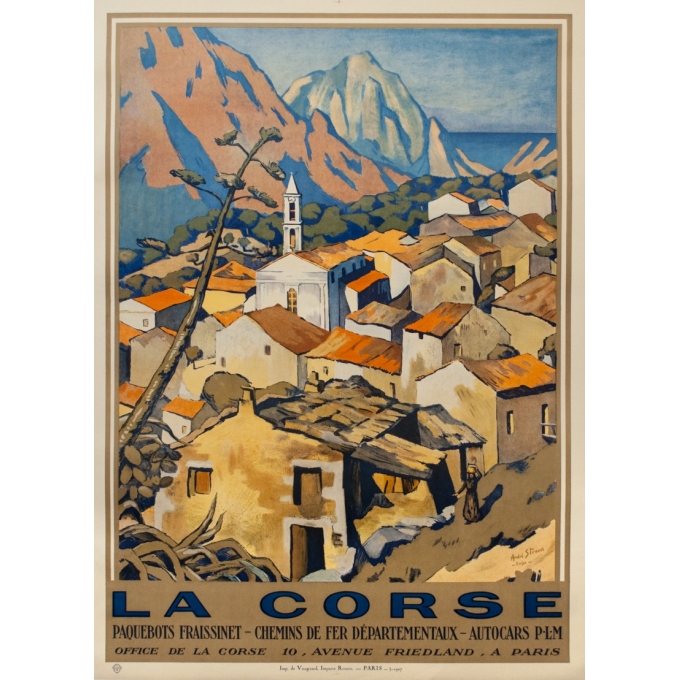 Affiche ancienne de voyage - André Strauss - 1927 - La Corse Evisa Paquebot - 107.5 par 77.5 cm