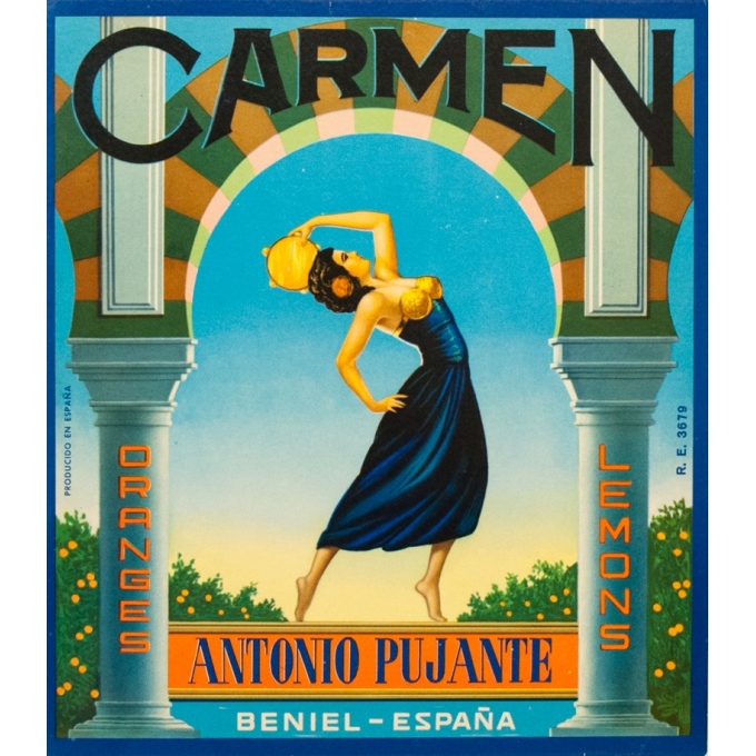 Etiquette vintage originale - Circa 1940 - Orange - Carmen - 27.5 par 24 cm