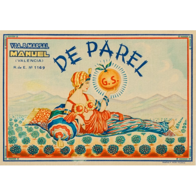 Vintage label - Circa 1940 - Orange Valencia - De Parel - 9.4 by 6.7 inches