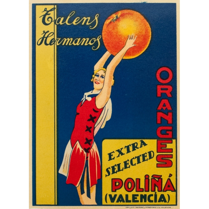 Etiquette vintage originale - Circa 1940 - Orange Talens Hermanos - Valence Valencia - 22.5 par 16.5 cm