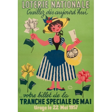 Affiche ancienne de publicité - Lefor Openo - 1957 - Lotterie Nationale Cueillez Dès Aujourd-Hui - 58 par 39.5 cm