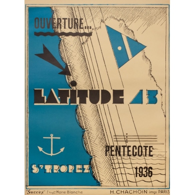 Affiche ancienne de publicité - 1936 - Ouverture Lattitude 43 Saint-Tropez - 71.5 par 53 cm