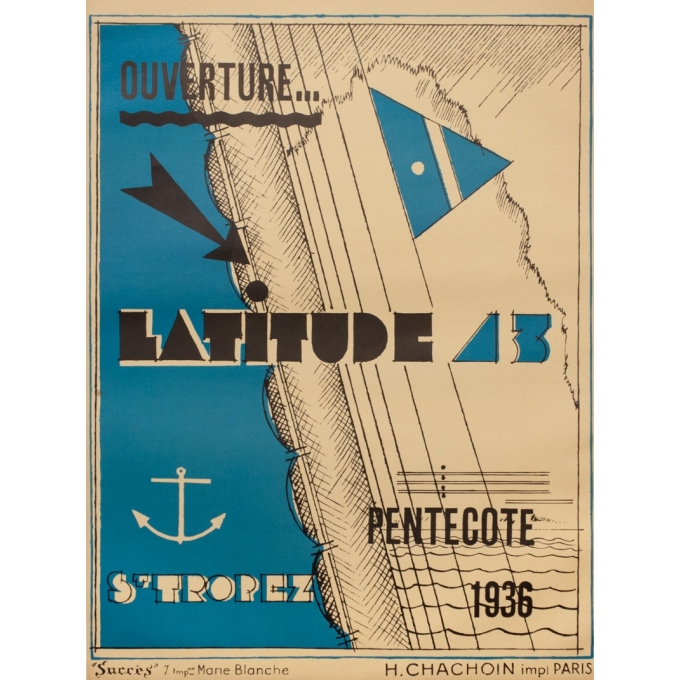 Affiche ancienne de publicité - 1936 - Ouverture Lattitude 43 Saint-Tropez - 71.5 par 53 cm