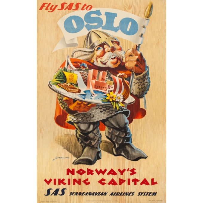 Affiche ancienne de voyage - Yran - 1957 - Fly Sas To Oslo - 89 par 63 cm