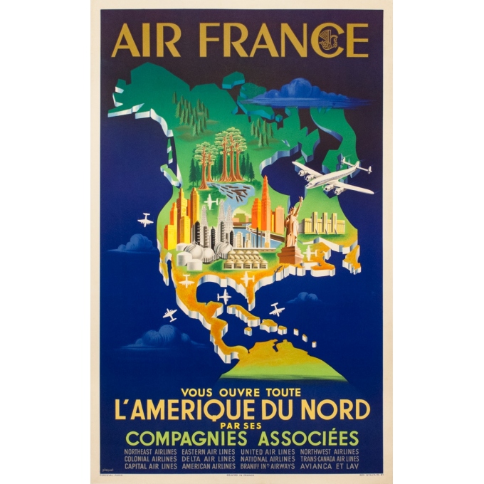 Affiche ancienne de voyage - Plaquet - 1951 - Air France Amérique Du Nord - 100 par 60 cm