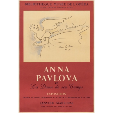Affiche ancienne d'exposition - Cocteau - 1956 - Anna Pavlova et la danse de son temps - 76 par 50 cm
