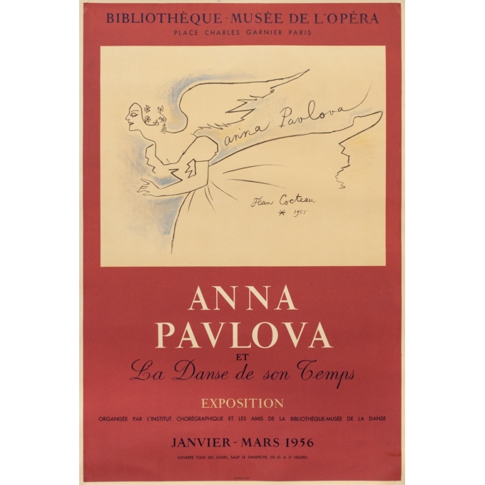Affiche ancienne d'exposition - Cocteau - 1956 - Anna Pavlova et la danse de son temps - 76 par 50 cm