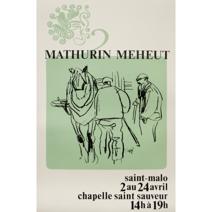 Affiche ancienne d'exposition - Mathurin Meheut - 1970 - Mathurin Meheut, à St Malo vert/blanc - 50 par 33 cm