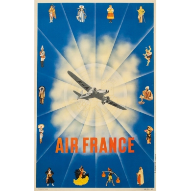 Affiche ancienne de voyage - 1938 - Air France Avion - 97 par 61.5 cm