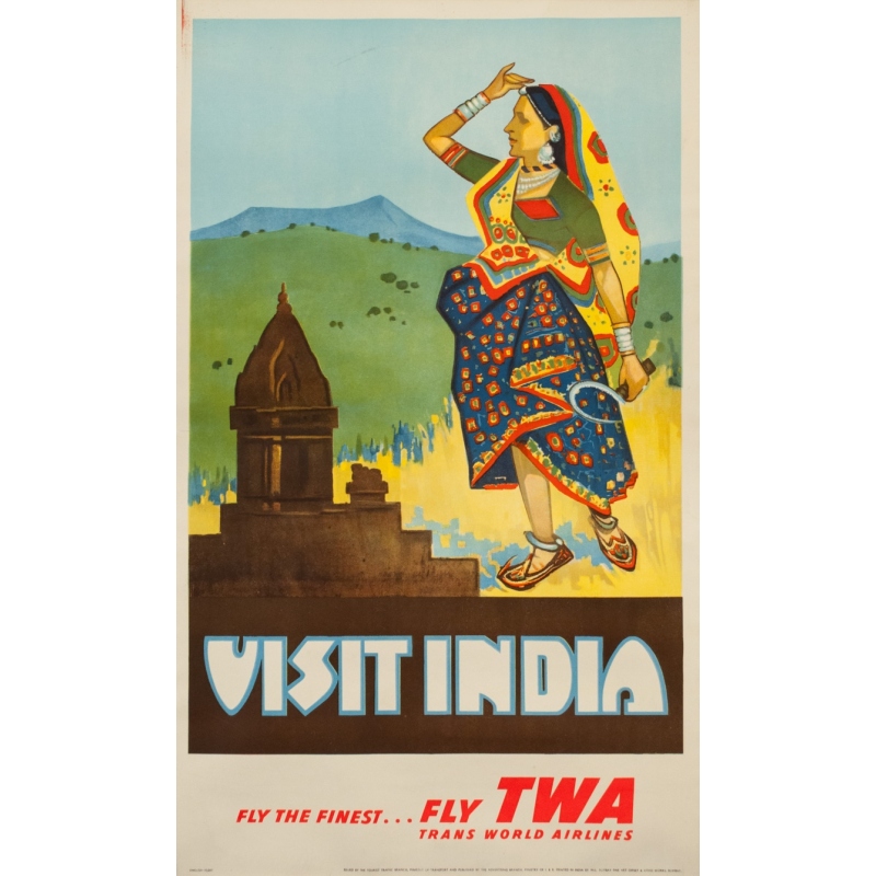 Affiche ancienne de voyage - Circa 1950 - Visit India - Inde Twa - 102 par 62 cm
