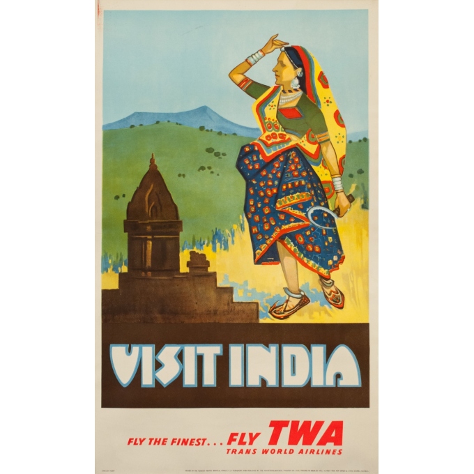 Affiche ancienne de voyage - Circa 1950 - Visit India - Inde Twa - 102 par 62 cm