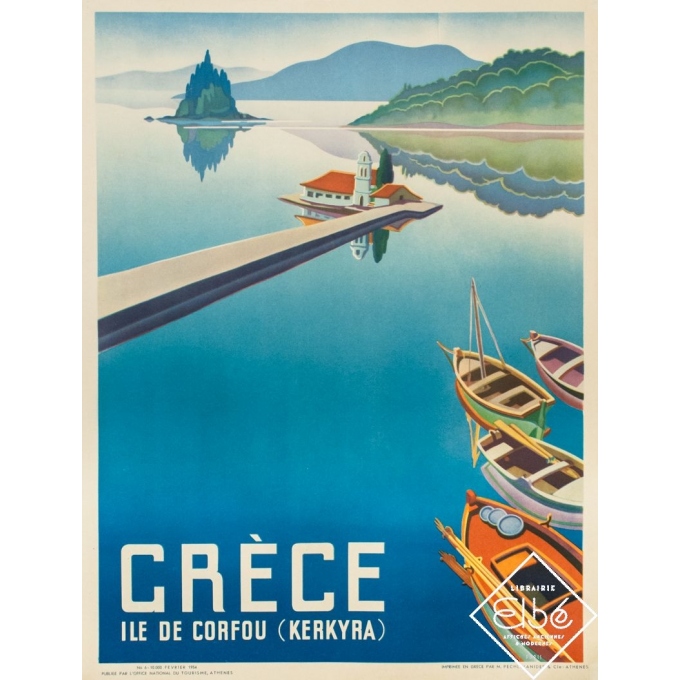 Affiche ancienne de voyage - 1954 - Ile de Corfou (Kerkyra) - Grèce - 78.5 par 60 cm