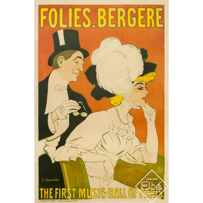 Vintage exhibition poster - E.Saunier - 1908 - Folie Bergère - 48 by 31.5 inches