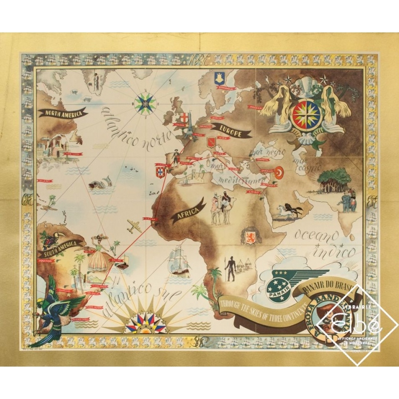 Affiche ancienne de voyage - Eymonnet - 1947 - Planisphère - Panair do Brasil - 75 par 64 cm