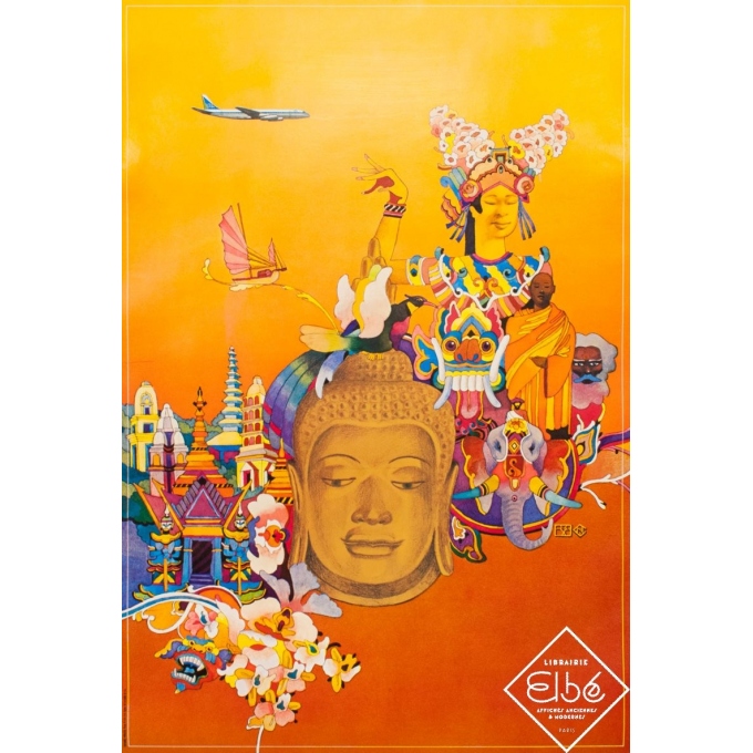 Affiche ancienne de voyage - Circa 1980 - UTA Buddha - 97.5 par 66 cm
