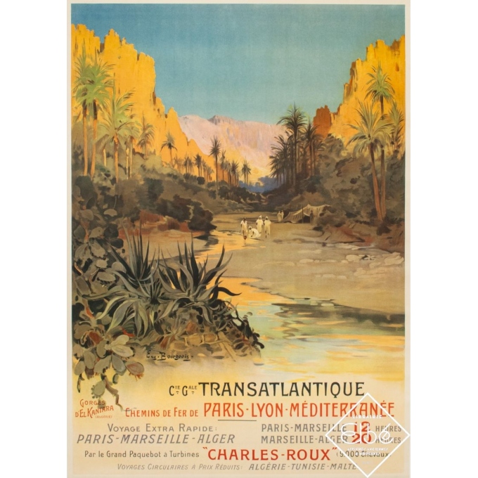 Affiche ancienne de voyage - E. Bourgeois - Circa 1920 - Algérie gorges del Kantara - 103.5 par 74.5 cm