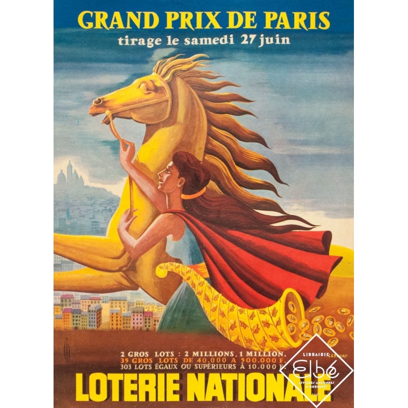 Vintage advertising poster - Lesourt - Circa 1930 - Loterie Nationale - Grand prix de Paris - 15 by 11 inches