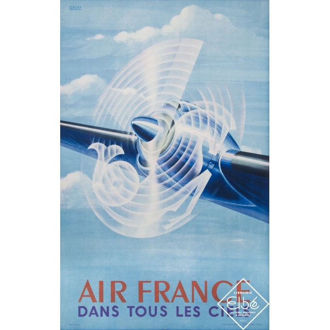 Vintage travel poster - Atelier Perceval - 1948 - Air France - Dans Tous Les Ciels - 39,4 by 23,6 inches