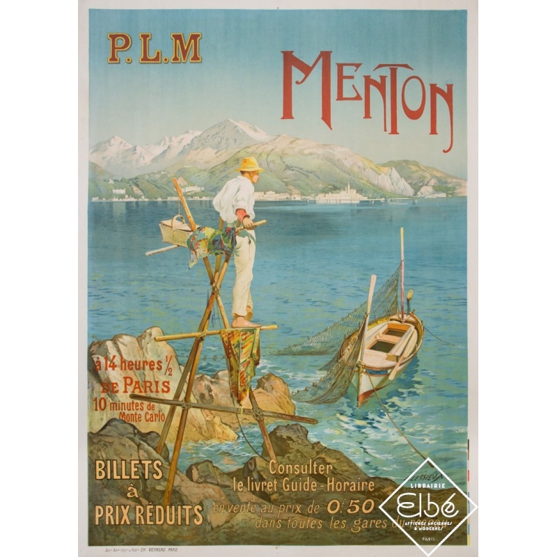 Affiche ancienne de voyage - E.Lessieux - 1905 - Menton - PLM - 107 par 78 cm