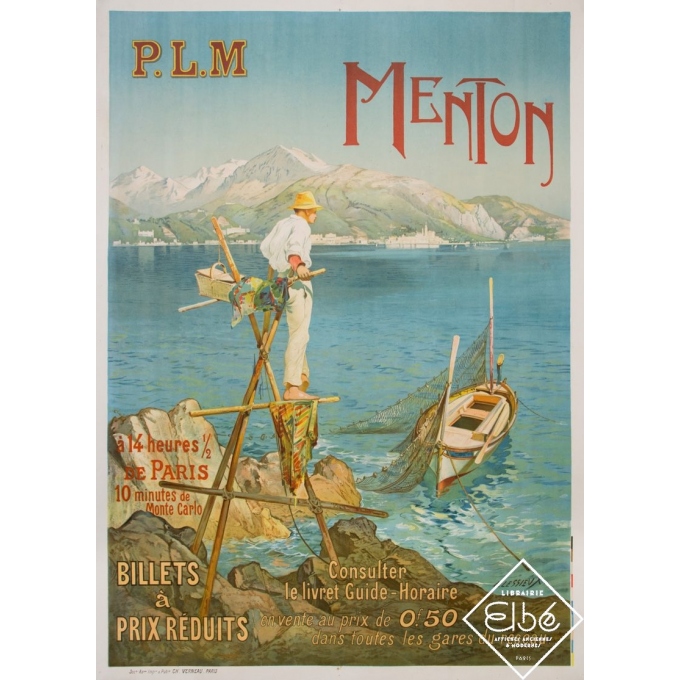 Affiche ancienne de voyage - E.Lessieux - 1905 - Menton - PLM - 107 par 78 cm