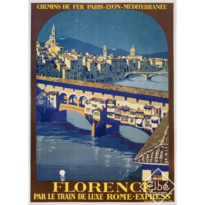 Affiche ancienne de voyage - Roger Broders - 1921 - Florence Par Le Train de Luxe Rome Express - PLM - 103 par 76 cm