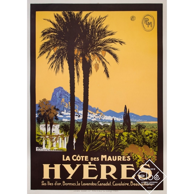 Affiche ancienne de voyage - Julien Lacaze - 1920 - La Côte des Maures - Hyères - 107 par 79 cm