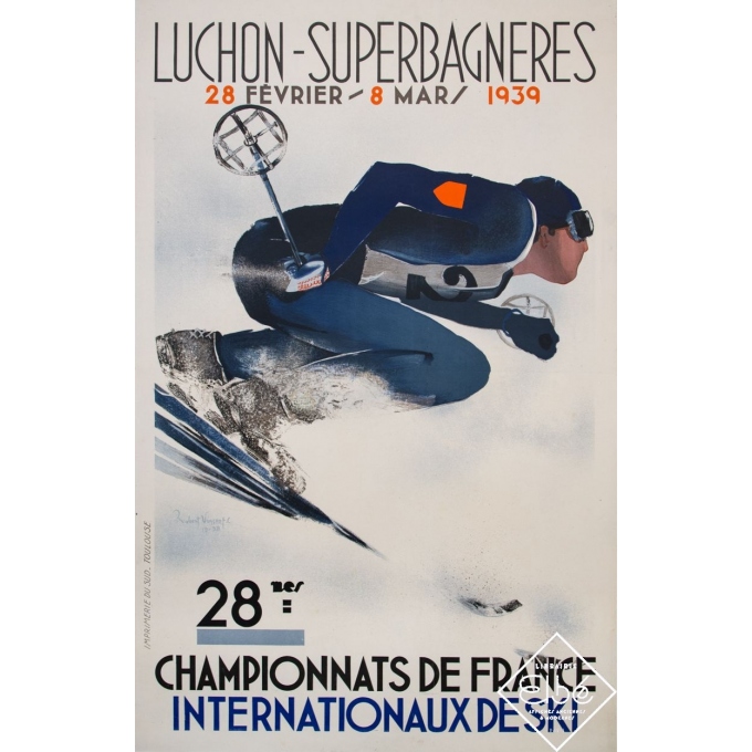 Vintage travel poster - Robert Vincent - 1939 - Luchon - Superbagnères - 39 by 24,8 inches