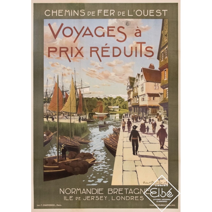 Affiche ancienne de voyage - Robert Boullier - 1905 - Normandie Bretagne Chemins de Fer de l'Ouest - 111,5 par 78,5 cm
