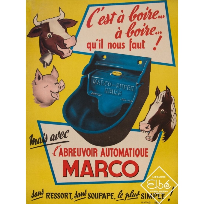 Affiche ancienne de publicité - Circa 1950 - Abreuvoir automatique Marco - 40,5 par 54,5 cm