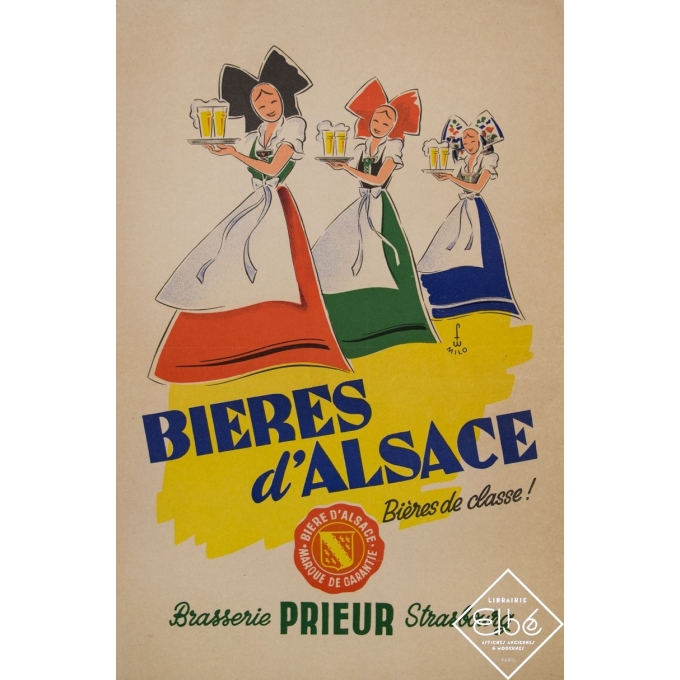 Affiche ancienne de publicité - Lino - Circa 1950 - Bières d'Alsace - Brasserie Prieur Strasbourg - 59 par 39,5 cm