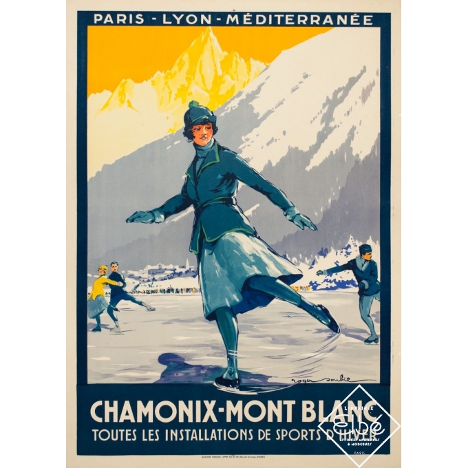 Affiche ancienne de voyage - Roger Soubi - 1924 - Chamonix Mont Blanc patineuse - 108 par 78 cm