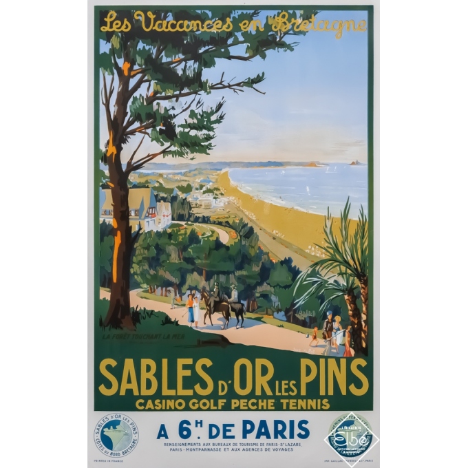 Affiche ancienne de voyage - Suzanne Hupot - Circa 1937 - Sables d'Or les Pins - 99,5 par 63 cm